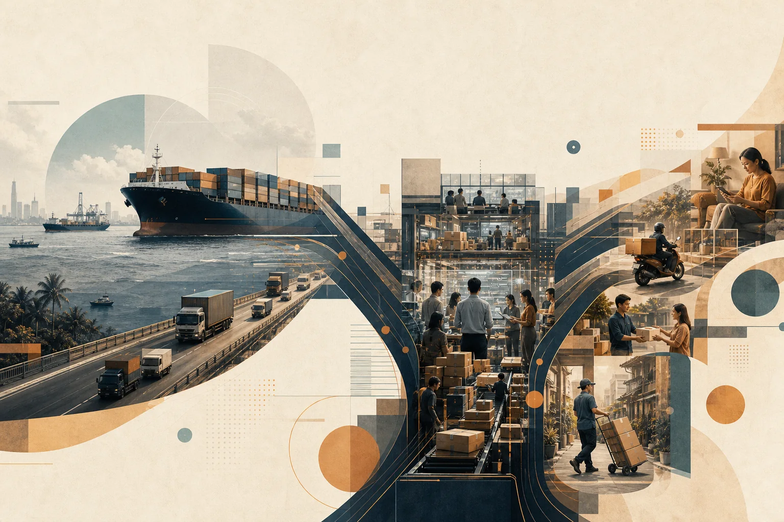 Editorial illustration of a delivery route map crossing multiple Southeast Asian country borders