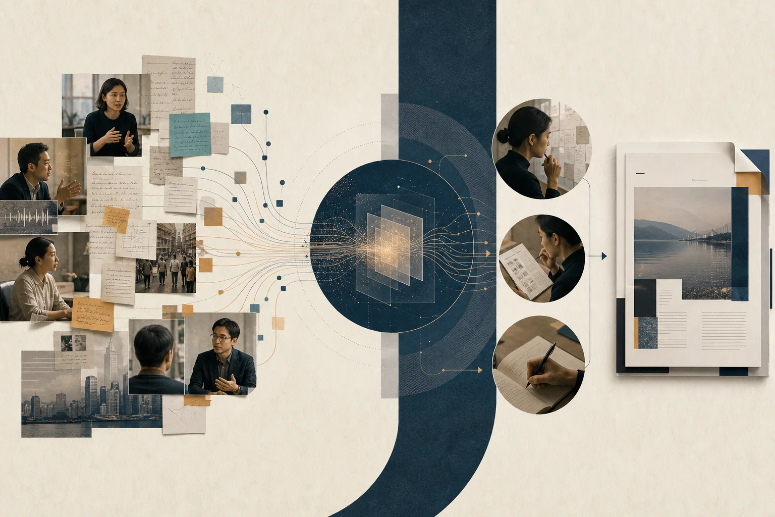 Editorial illustration of a research report being drafted with AI assistance and human review markers