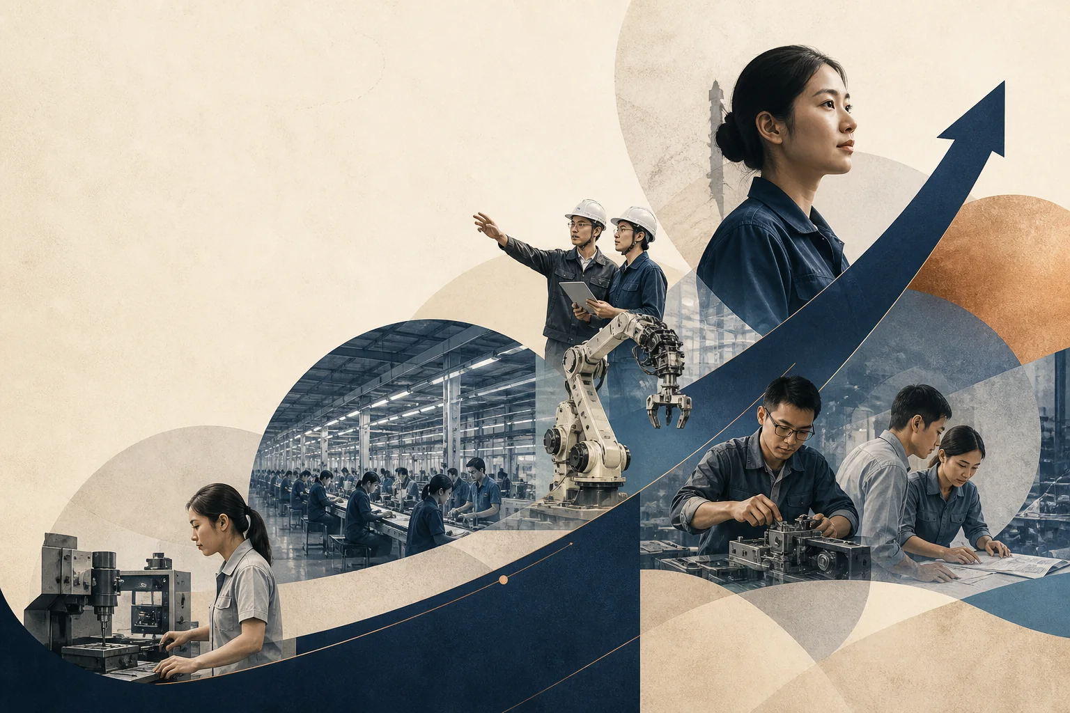 Editorial illustration of a Vietnamese manufacturing facility with a rising wage trend line